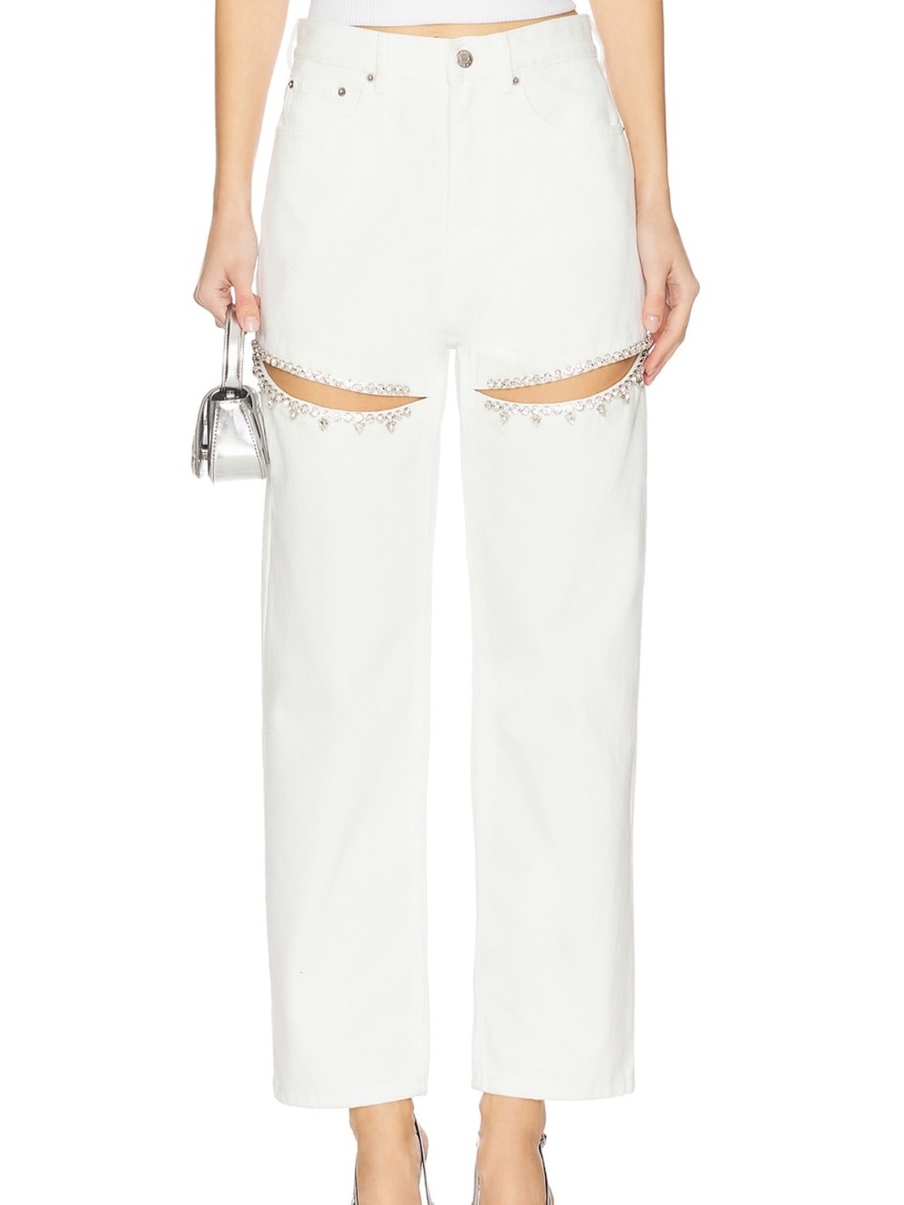 AREA crystal slit jeans in white